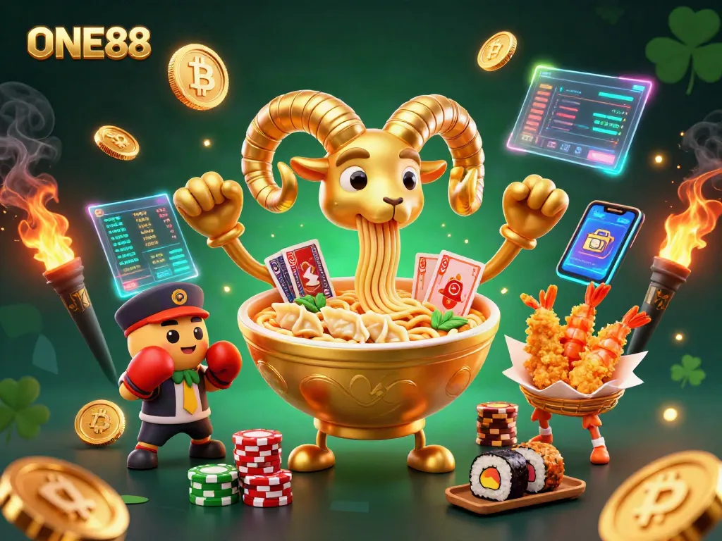 ONE88's vibrant casino scene showcases a playful ramen bowl dealer amidst dynamic game elements.