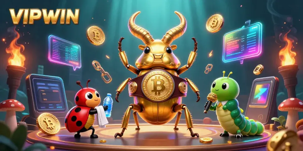 Join VIPWIN's exciting gaming adventures with this vibrant illustration of a champion beetle and friends!