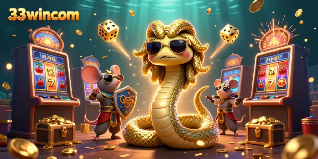 Engage with 33wincom's colorful casino scene featuring Medusa and warrior mouse among vibrant slots and gold.
