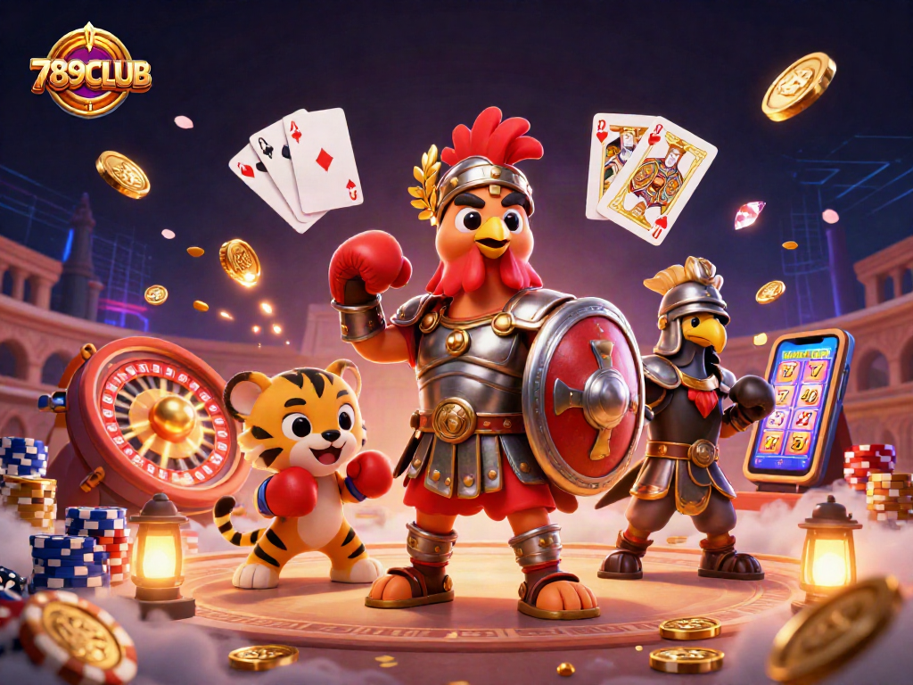Engage with 789CLUB's thrilling atmosphere in this euphoric gambling scene featuring epic characters.