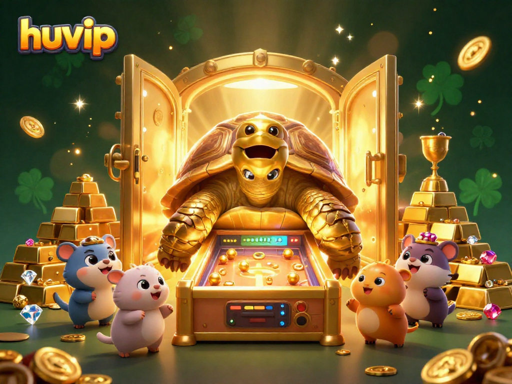 Experience thrilling gameplay at huvip with a 3D illustration of a golden tortoise pinball machine.
