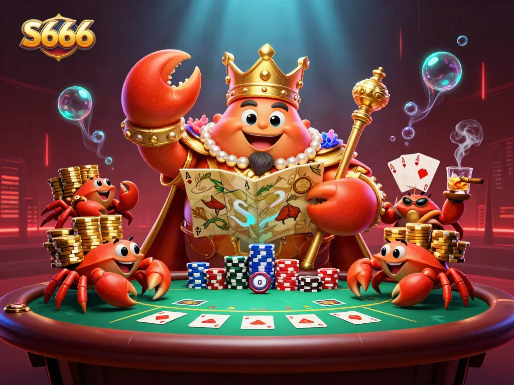 S666 gamers experience vibrant poker action with a golden crab emperor and luxurious chips.
