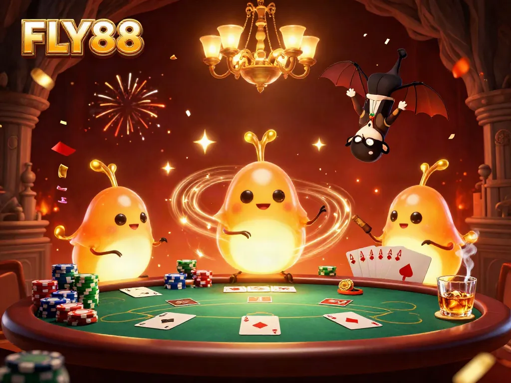 FLY88 illuminates the excitement of winning with vibrant glowworms in a dynamic casino scene.