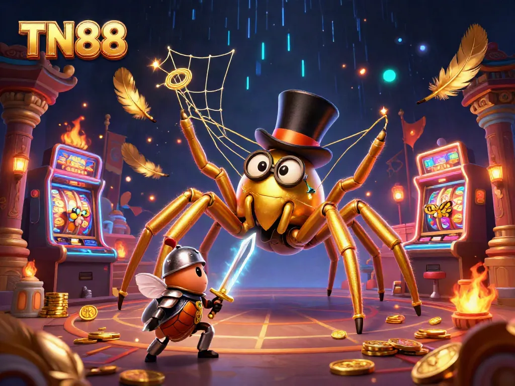 Engage with TN88 in a vibrant 3D casino scene featuring thrilling slot elements and dynamic characters.