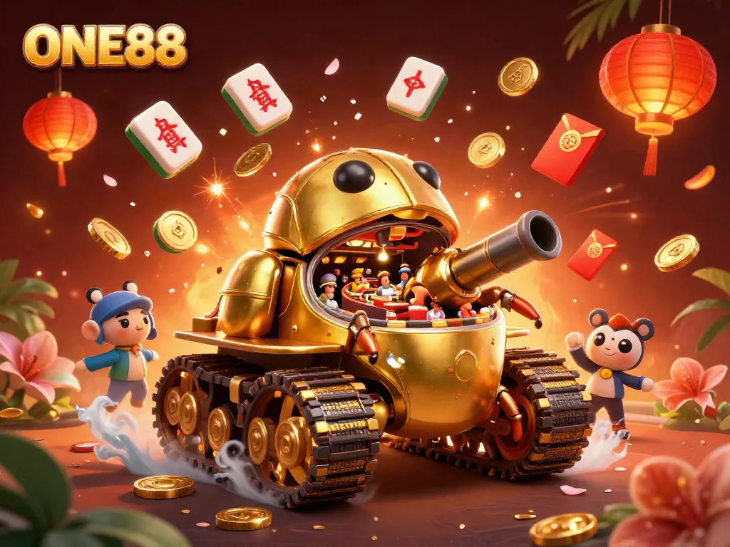 Experience the vibrant world of ONE88 with a golden casino beetle tank and lively gaming elements.