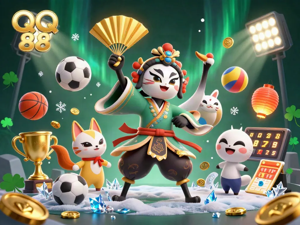 Experience the excitement of QQ 88 with vibrant 3D fantasy characters surrounded by dynamic sports elements.