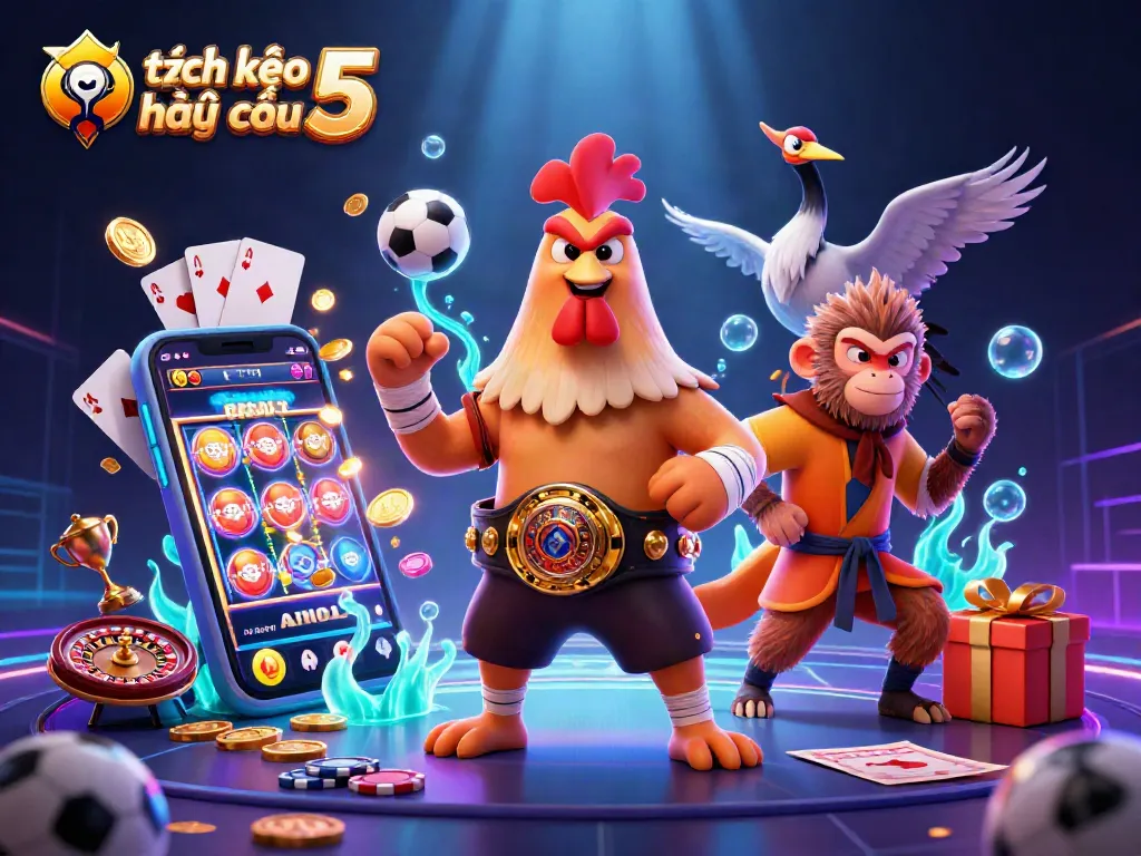 Engage with the thrilling tỷ lệ kèo nhà cái 5 in a vibrant 3D digital art scene with iconic characters and sports betting elements.