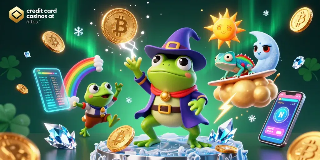 Experience the vibrant action at credit card casinos at https: with golden coins and crypto elements.