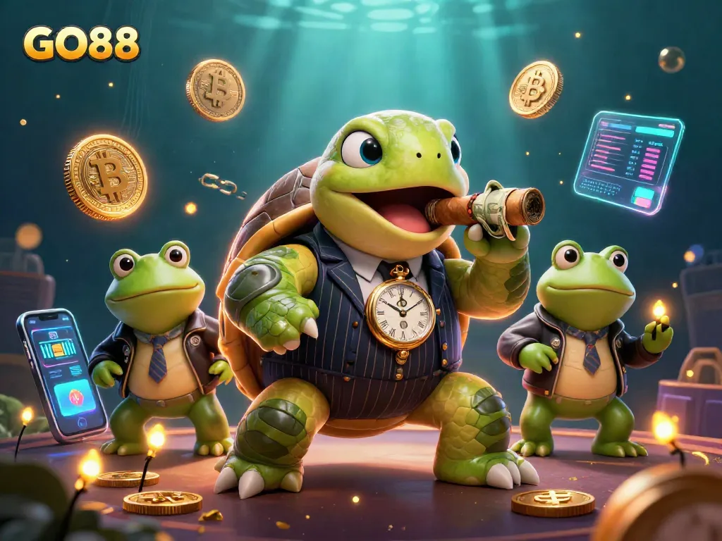 Experience GO88's vibrant casino world with a mobster turtle and frog enforcers in a dynamic 3D scene.