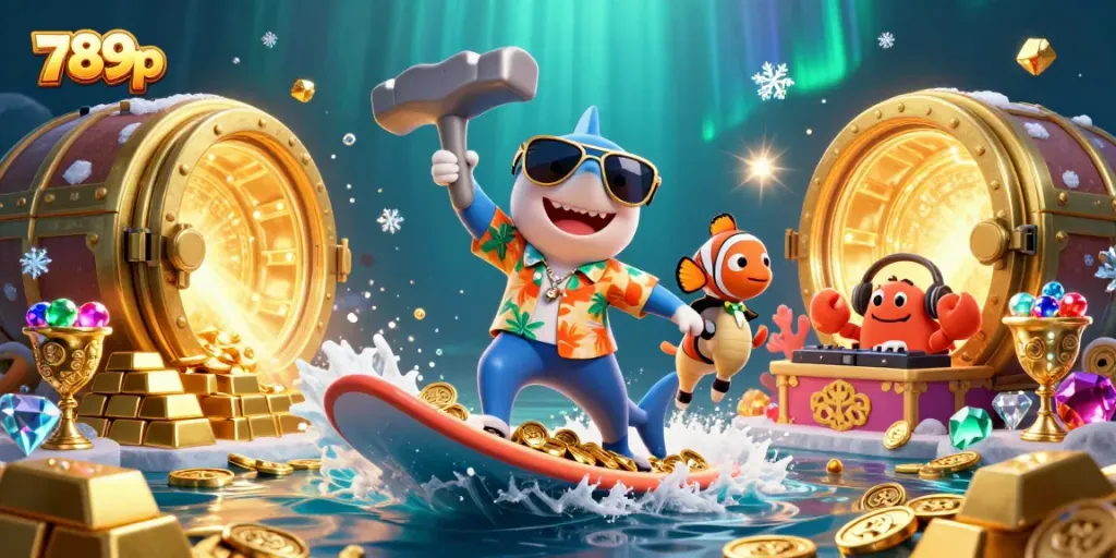 Experience thrilling gaming fun with 789p, featuring a playful shark surrounded by treasures and vibrant casino elements.