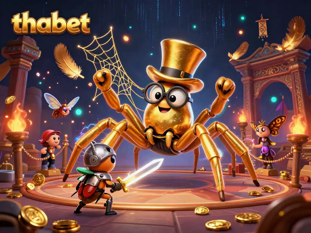 Experience thrilling games at thabet with a dynamic casino scene featuring a golden tarantula and brave beetle knight.