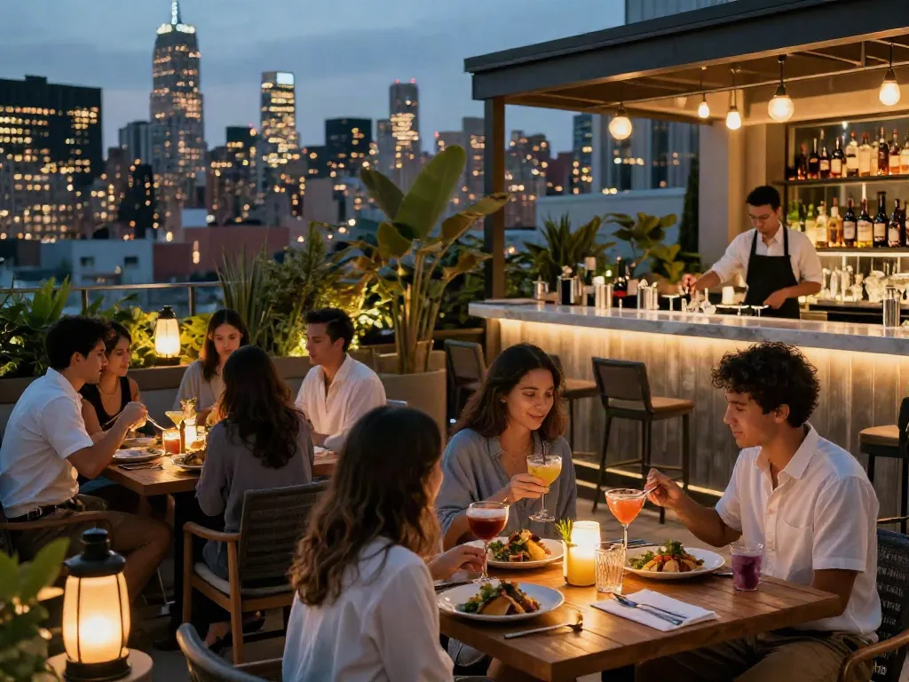 NoHu Rooftop dining with city skyline views, guests enjoying cocktails and eclectic dishes in warm, inviting atmosphere.