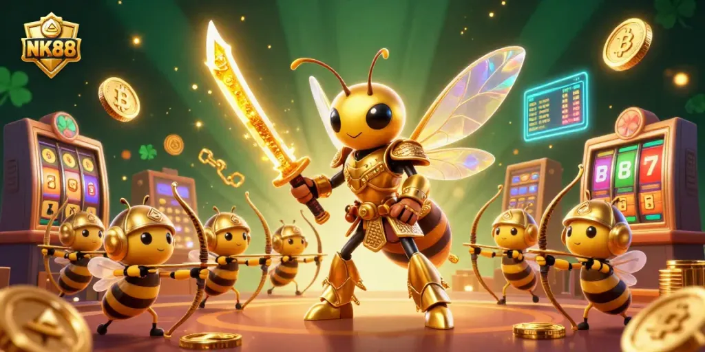 Experience the excitement of NK88 with a golden hornet in samurai armor in this vibrant casino scene.