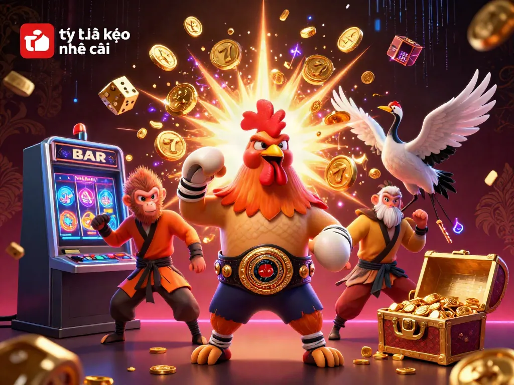 Watch the fierce Muay Thai rooster and Shaolin monkey amidst vibrant tỷ lệ kèo nhà cái casino excitement.