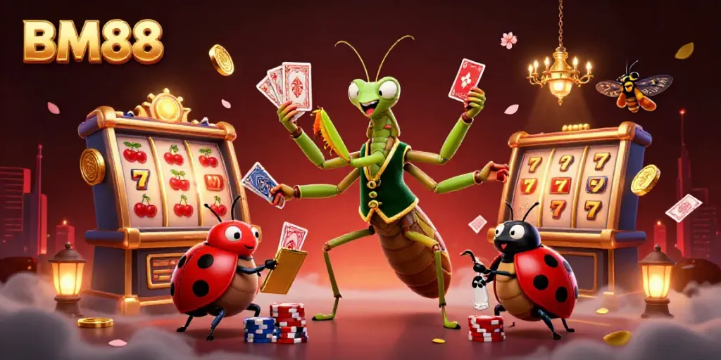Experience thrilling gameplay with BM88 in an exciting casino atmosphere featuring dynamic slots and vibrant characters.
