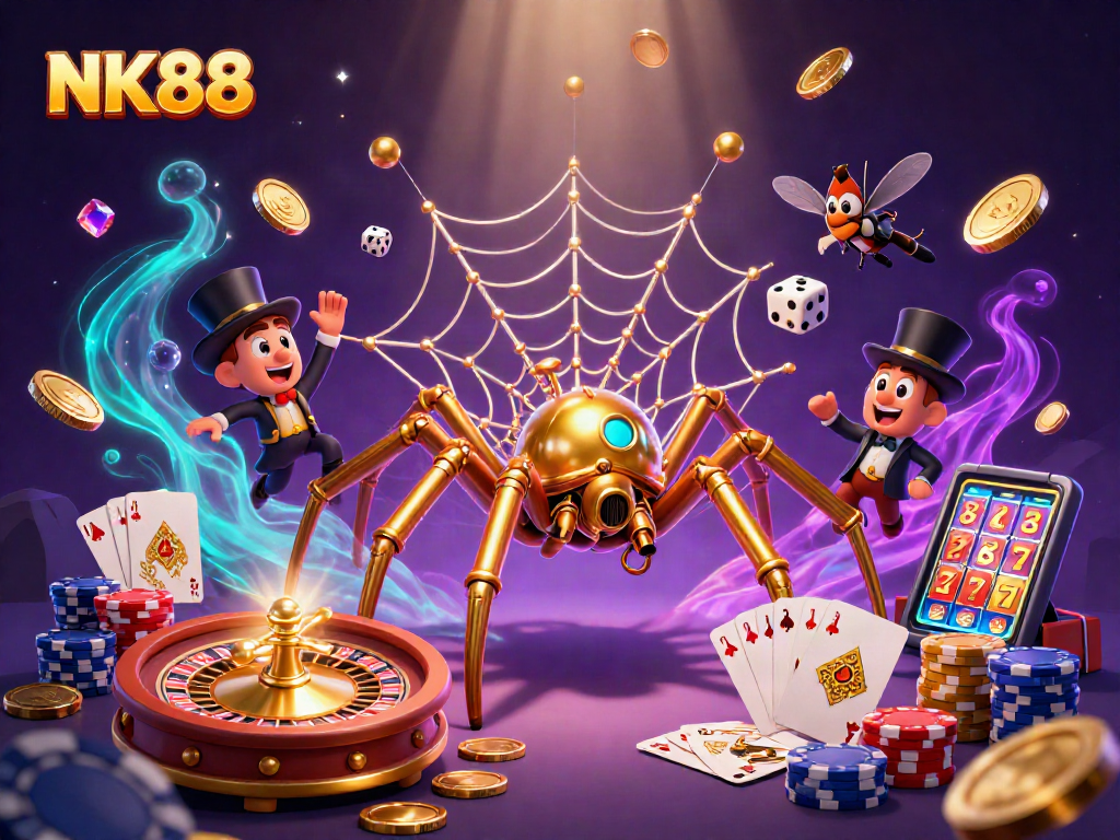 Join the fun with NK88: A vibrant 3D casino scene featuring lucky games and golden treasures.