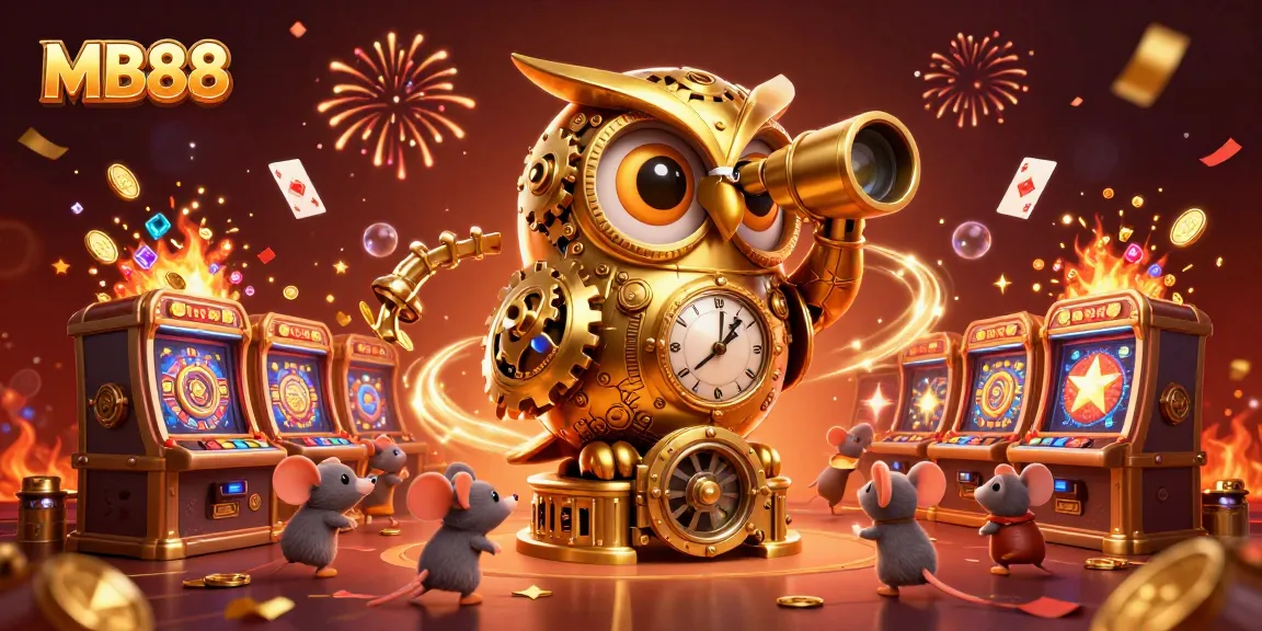 Experience the excitement of MB88's casino floor with golden owl and vibrant gaming elements.