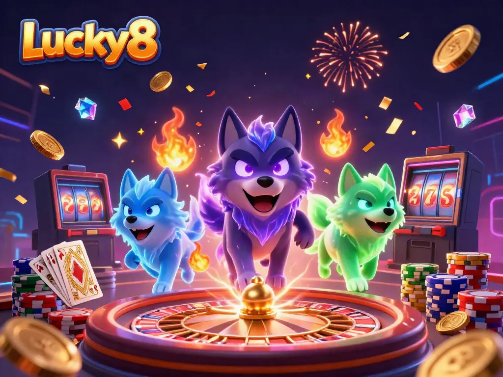 Engage with exhilarating Lucky8 gameplay featuring glowing wolves, coins, and casino elements.