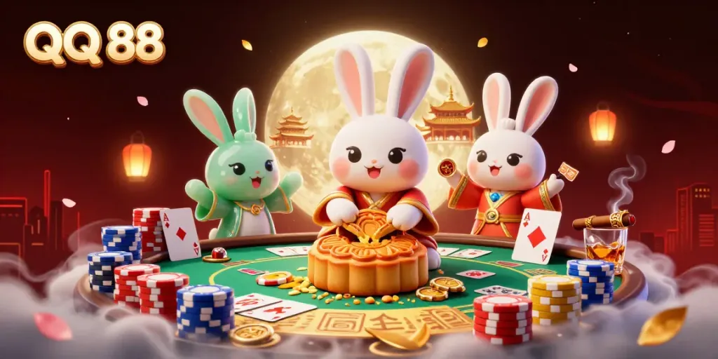 Engage in QQ 88 themed poker gameplay with an enchanting moon rabbit illustration.