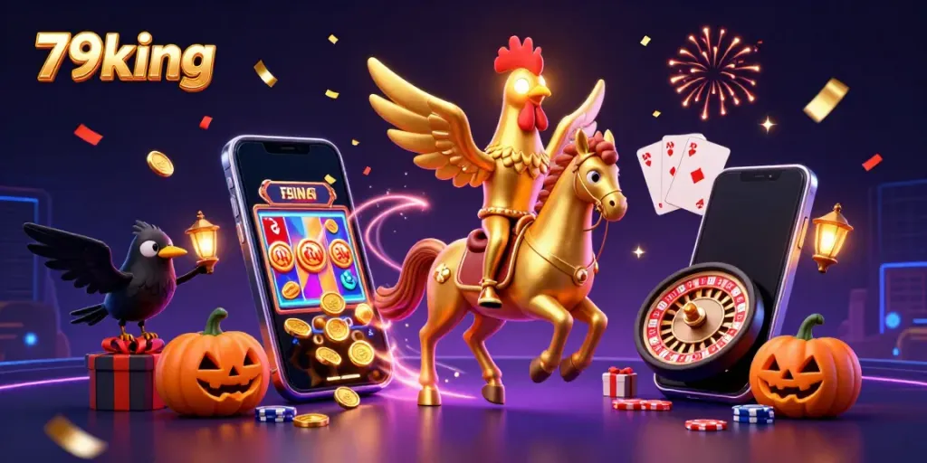 Experience the excitement of 79king with vibrant casino elements and characters showcasing slot games and more.