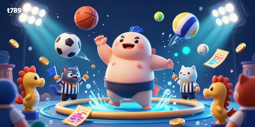 Engaging 3D illustration of t789 featuring a fugu in a sumo ring, surrounded by lively sea creatures, enhancing sports betting excitement.