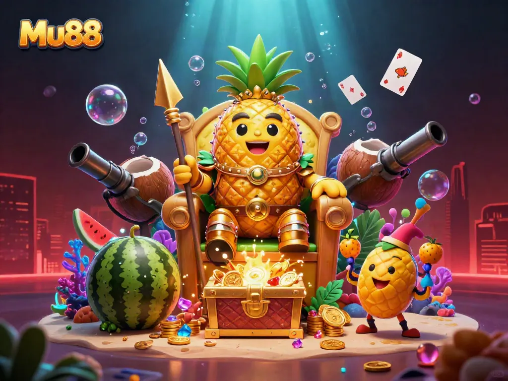 Experience the thrill of winning at Mu88 with vibrant 3D characters amidst a lively casino backdrop.