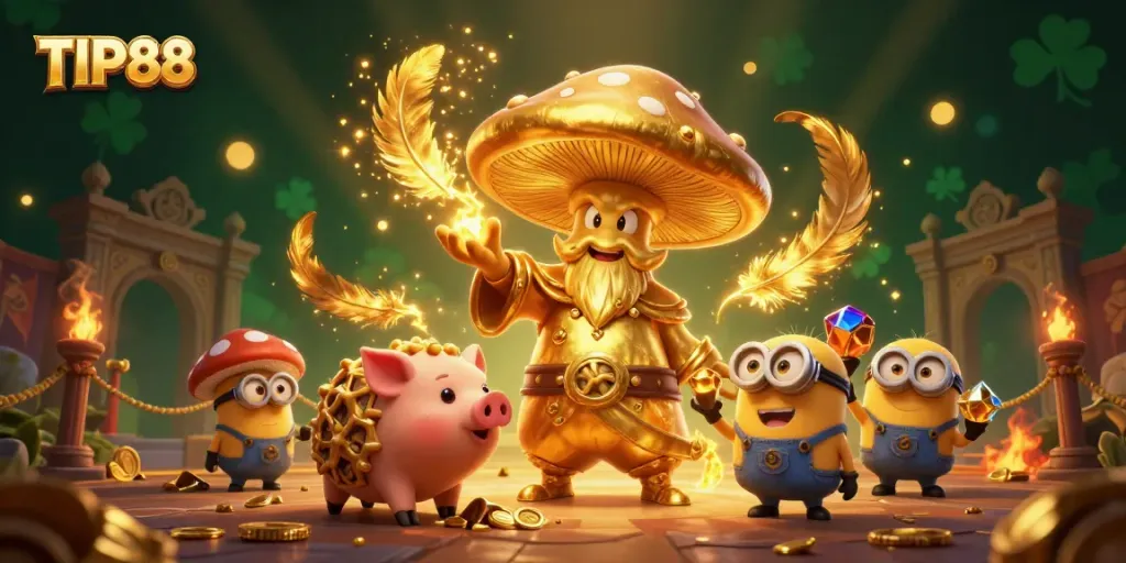 Experience the thrill of gaming with TIP88 as the golden wizard unleashes treasures in this vibrant illustration.