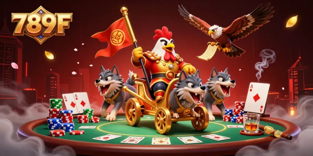Experience the action of 789F casino with a rooster warlord on a golden chariot amidst poker excitement.