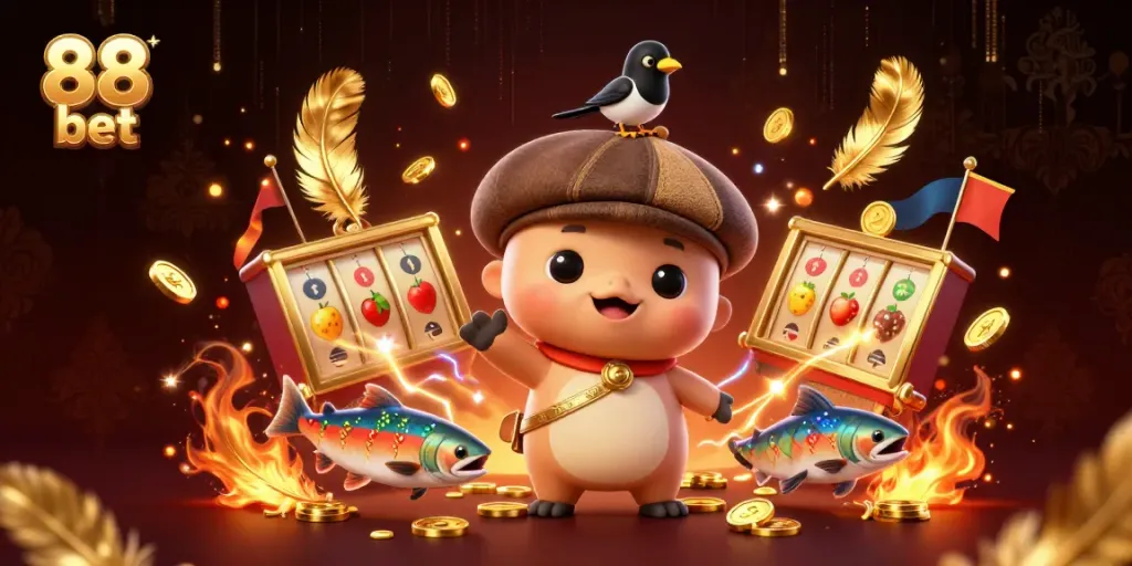 Experience the thrill of 88 bet with vibrant 3D illustration featuring playful characters and dynamic casino elements.