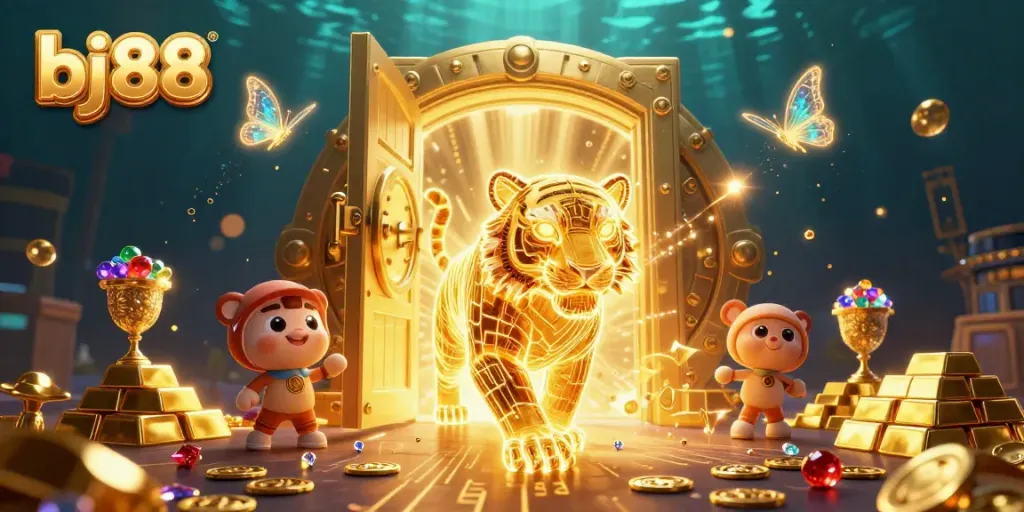 Experience the vibrant energy of bj88 with a neon tiger prowling a 3D casino scene full of treasures.
