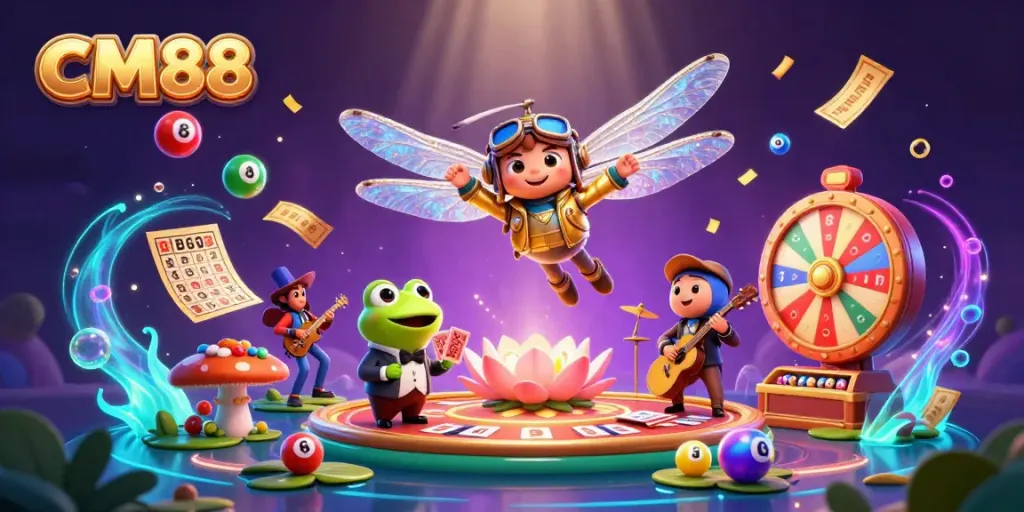 Engage in thrilling games at CM88 with dynamic casino elements and characters, showcasing the excitement of online gambling.