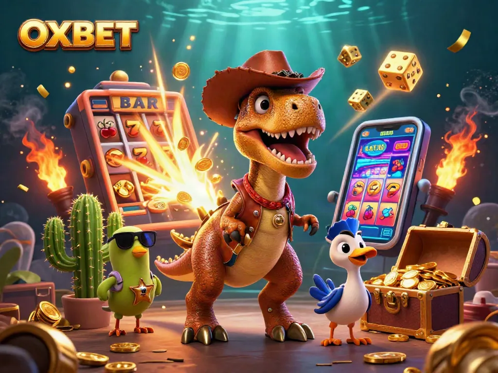 Play exciting games at OXBET with a lively illustration showcasing dynamic characters and vibrant casino elements.