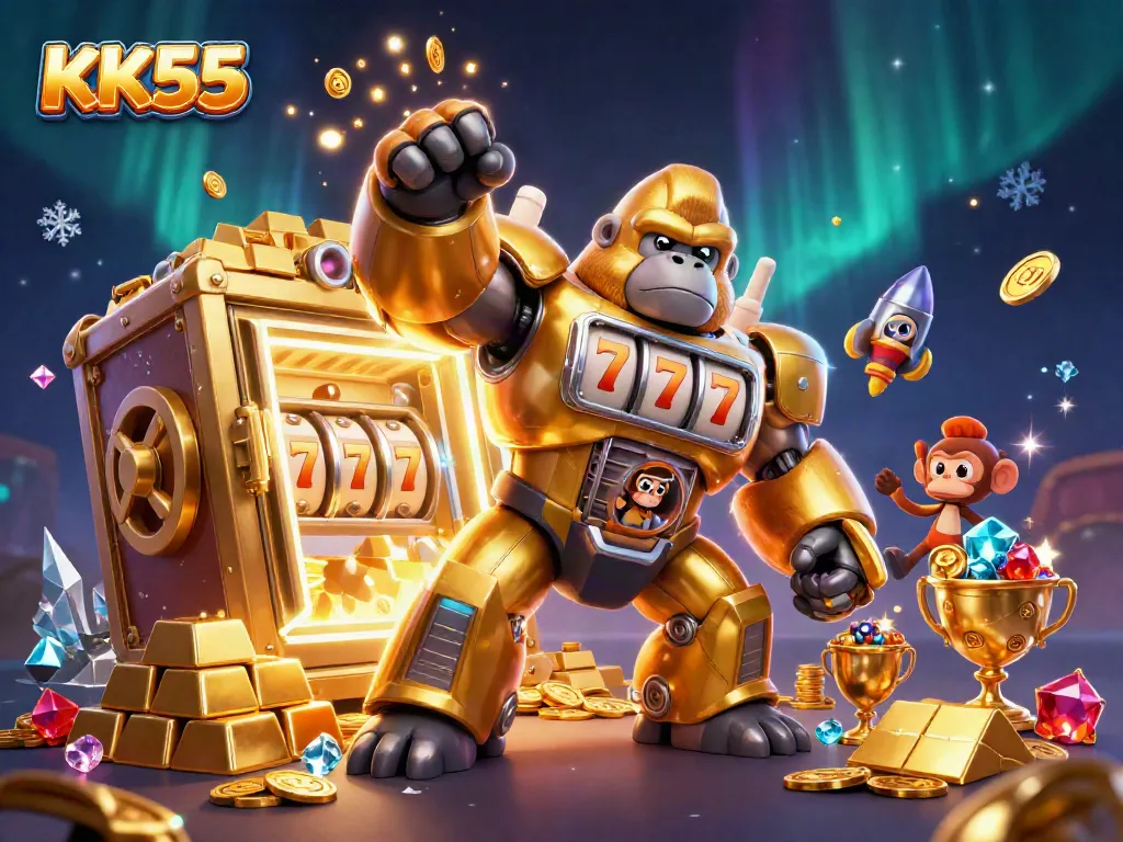 Engage with exciting adventures at KK55, featuring a golden gorilla mech with slot machine elements and treasures.