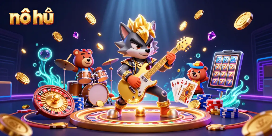 Experience nổ hũ excitement with a vibrant casino scene full of golden coins, a rock star wolf, and thrilling game elements.