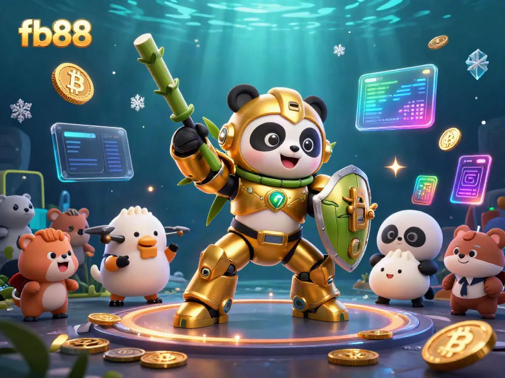 Engage in thrilling crypto action at fb88, featuring a mech-suit panda in a vibrant casino showdown.