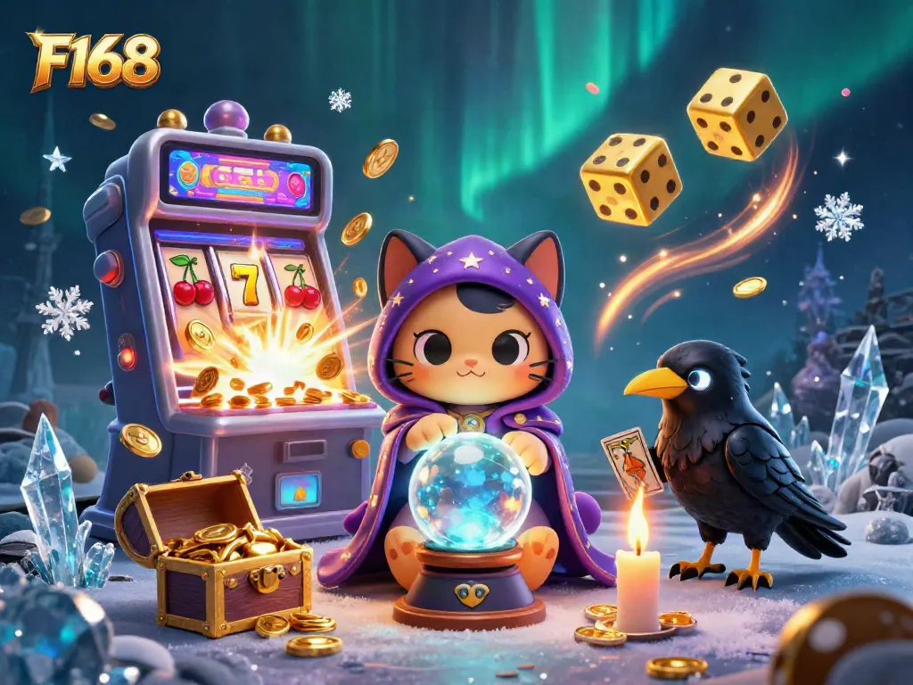 Experience thrilling casino games at F168 with a vibrant scene depicting mystical elements and jackpot excitement.