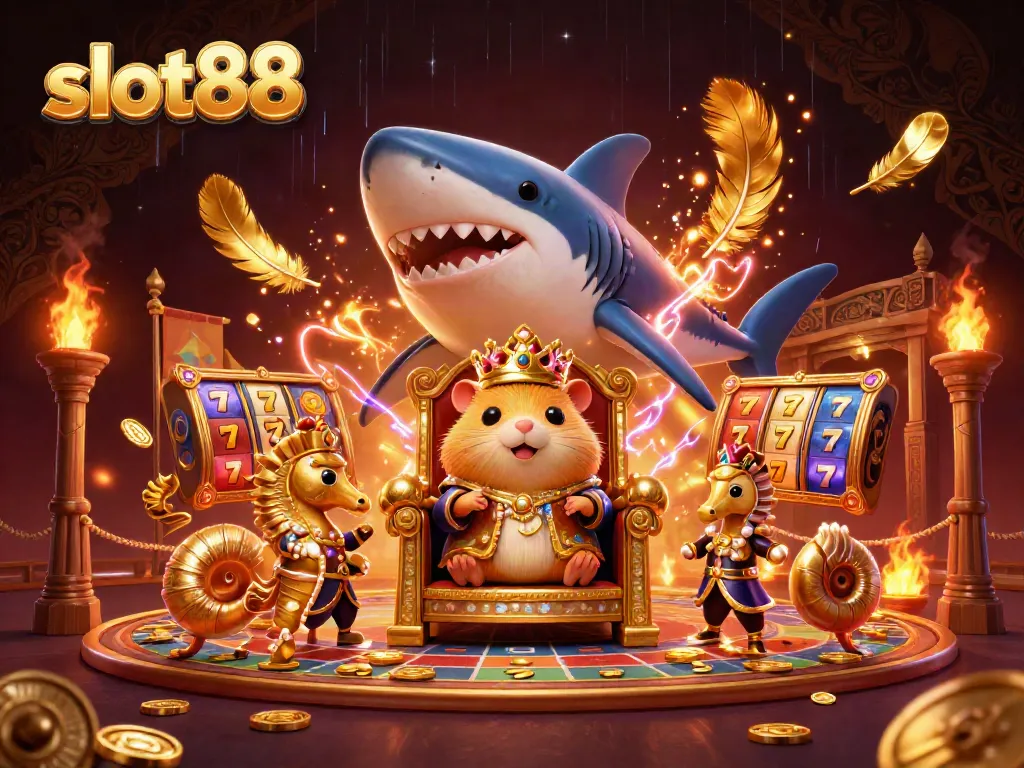 Engage with slot88's vibrant gaming scene featuring a golden hamster king and dynamic slot machines.