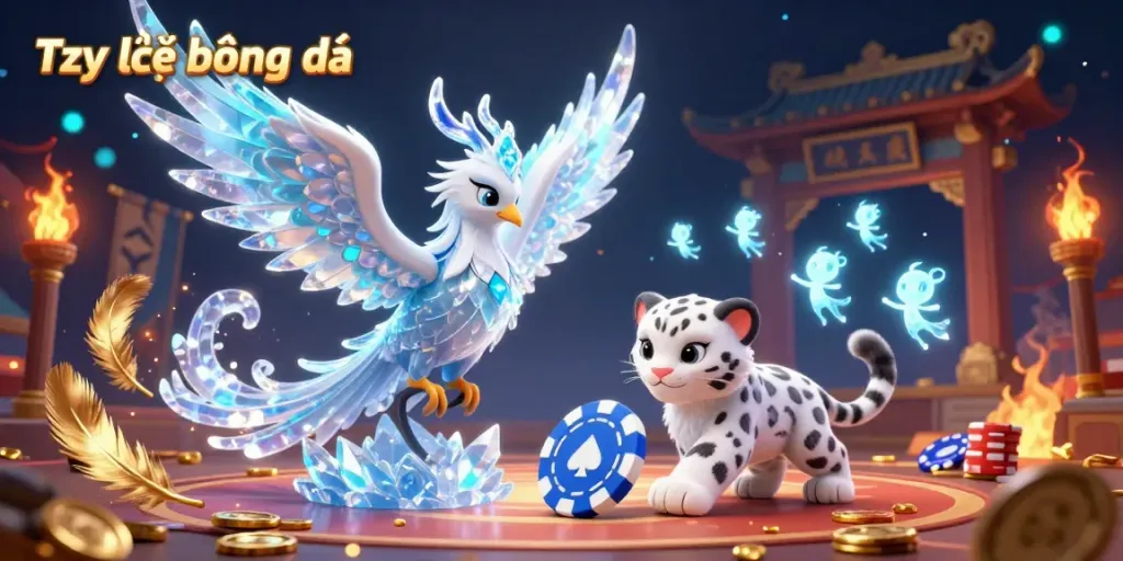 Engage with Tỷ lệ bóng đá in a vibrant scene featuring an ice phoenix, snow leopard cub, and glowing sprites in a dynamic bet atmosphere.