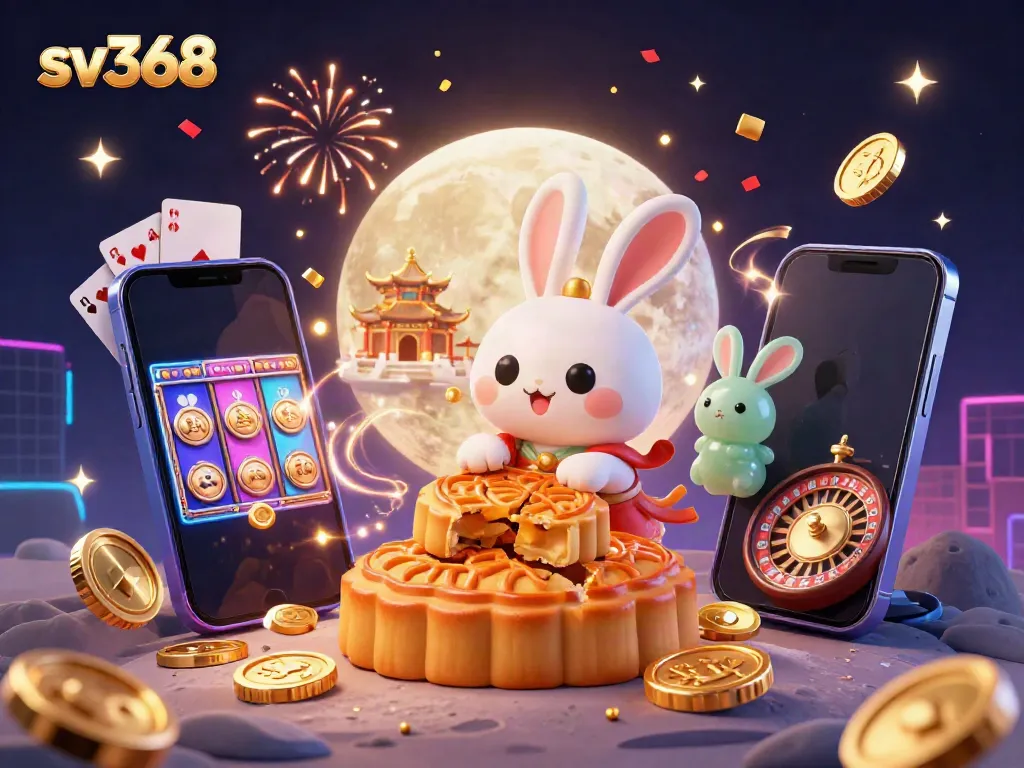 Experience sv368 gaming thrills with a whimsical moon rabbit and poker chips amidst a colorful casino backdrop.