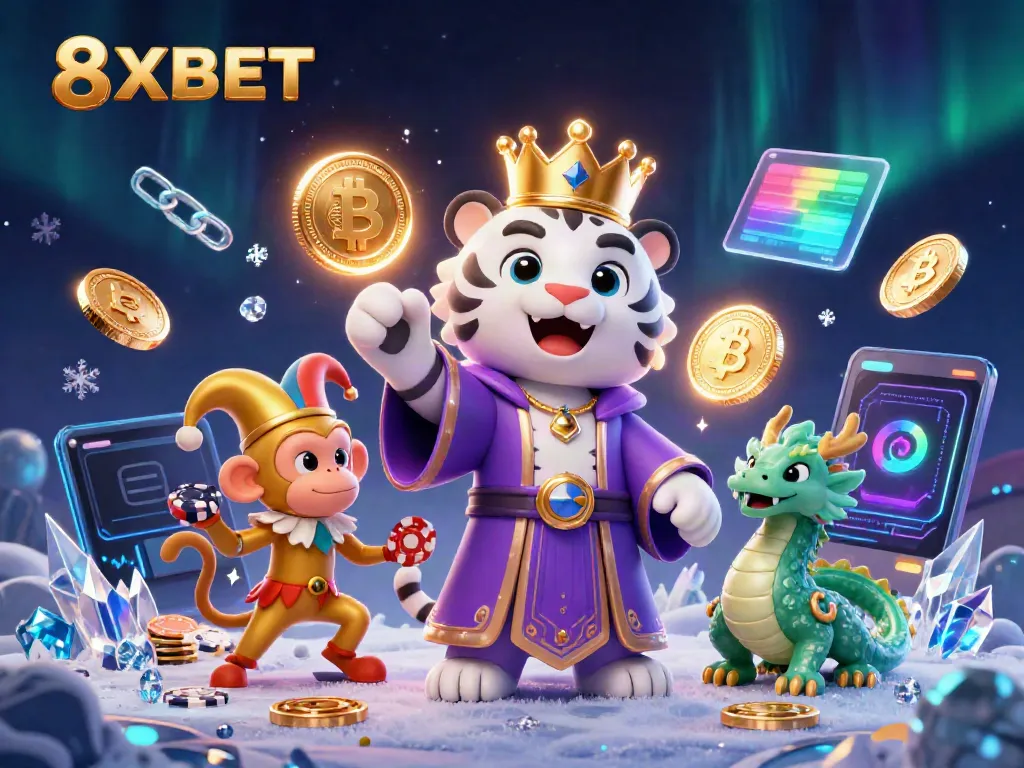 Engage with 8XBET's dazzling poker scene featuring a royal tiger and playful characters captivating players.