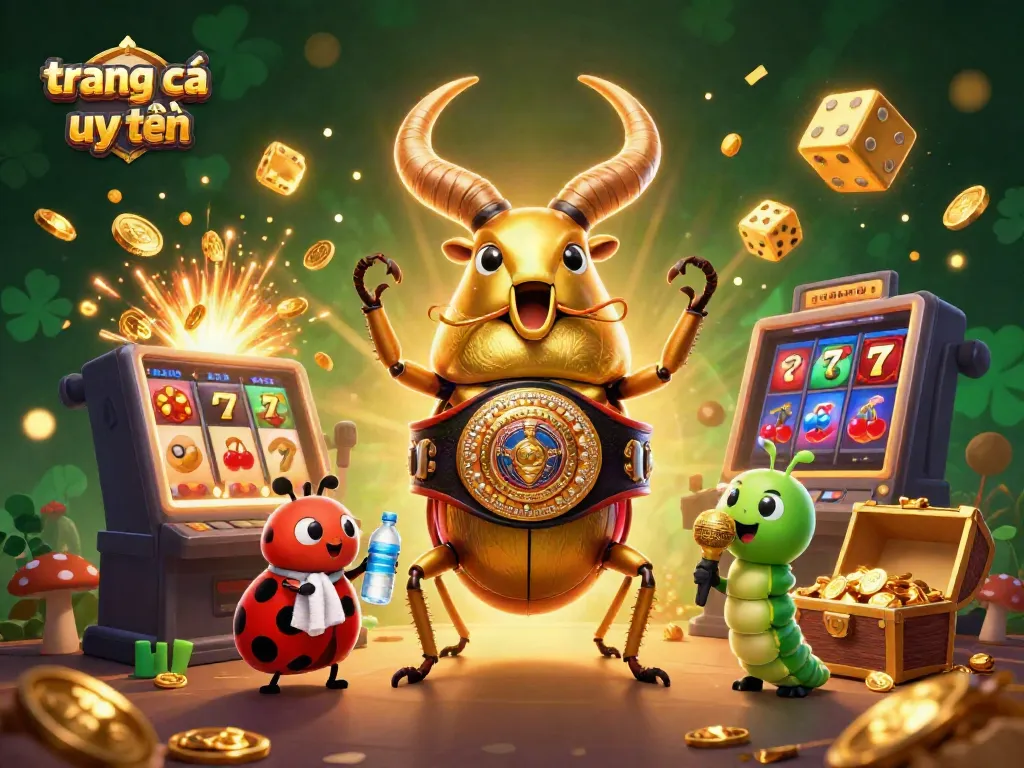 Experience vibrant gameplay with a giant golden beetle and ladybug amidst an exciting casino scene showcasing trang cá cược uy tín.