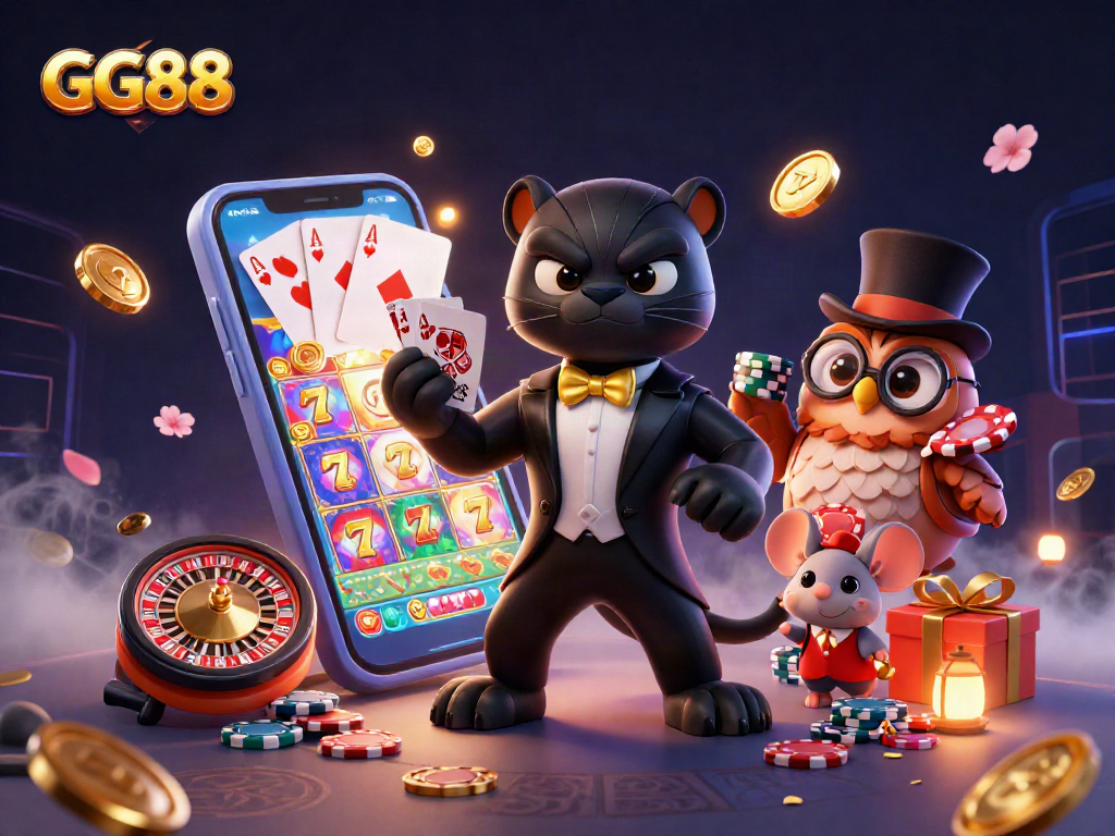 Experience the thrill of GG88 with a chic panther dealer, an owl from the card games, and a lucky mouse amid vibrant casino elements.