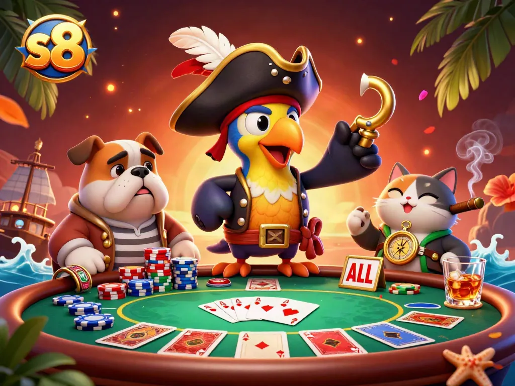 S8 engages players in exhilarating poker nights with vibrant action around a crowded table full of chips and cards.