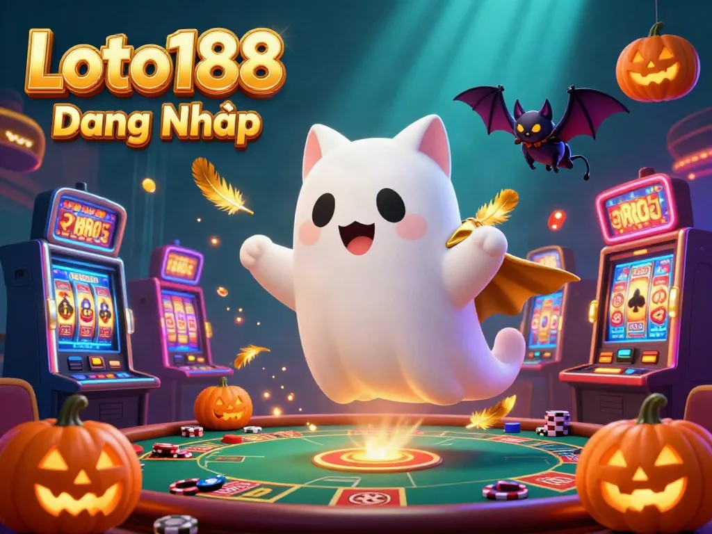 Loto188 Đăng Nhập with a floating ghost cat and vampire bat in a colorful casino scene.