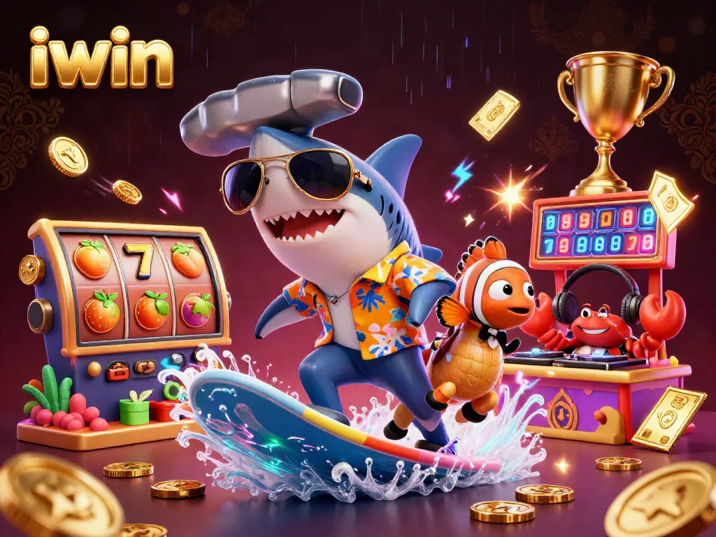 Surf the exciting world of iwin with vibrant slot machines spinning among gold coins.