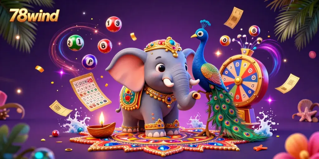 Experience excitement at 78wind as colorful lottery balls and dynamic casino elements surround mythical characters.