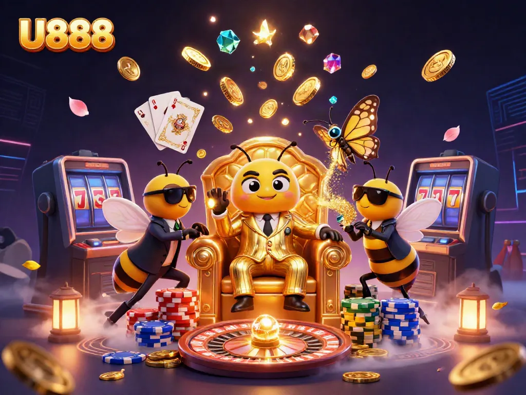 U888 mob boss overseeing a vibrant 3D casino scene with games, coins, and lavish decor