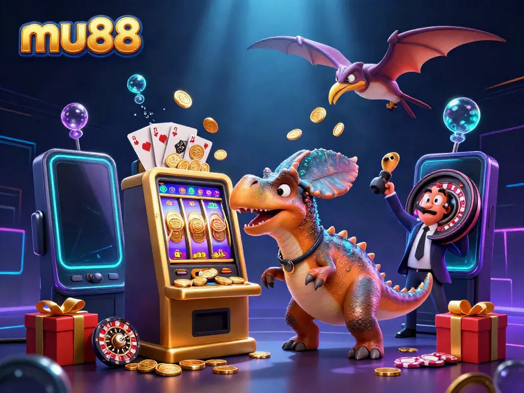 mu88 showcases a pachycephalosaurus winning jackpots at a lively casino scene