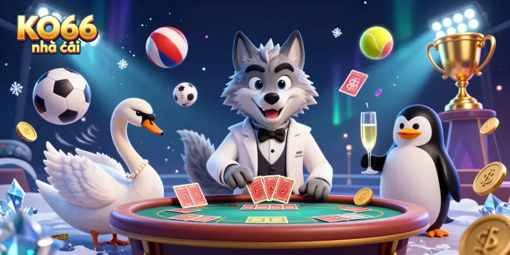Experience the thrill of KO66 nhà cái with engaging characters at a vibrant casino scene.