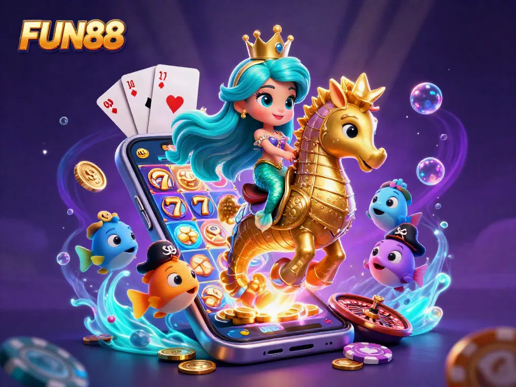 Experience FUN88 with a vibrant underwater casino adventure featuring a mermaid princess and her seahorse!